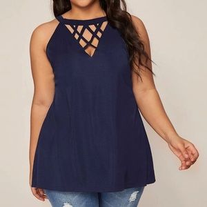 3XL SHEIN Navy Blue Solid Cut Out Halter Top